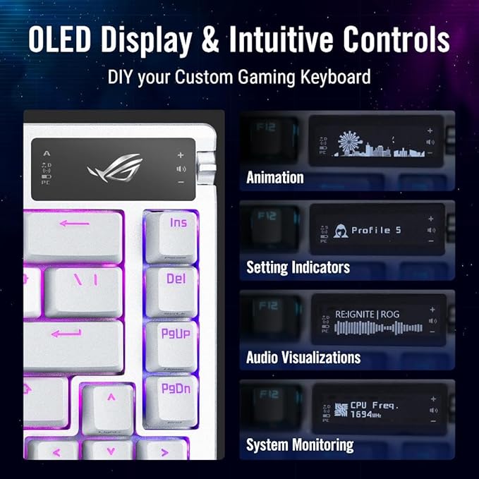ASUS ROG Azoth 75 Wireless DIY Custom Gaming Keyboard, OLED display, Gasket-Mount, Three-Layer Dampening, Hot-Swappable Pre-lubed ROG NX Storm Switches & Keyboard Stabilizers, PBT Keycaps, RGB - White