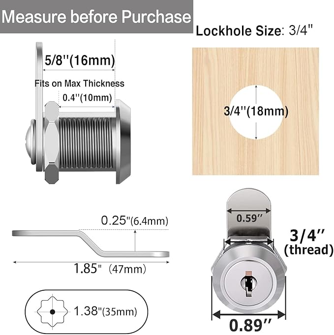 Cabinet Cam Locks Keyed Alike, 5/8'' Fits on 3/8'' Max Door Thickness, Secure File Drawer Mailbox RV Storage Replacement Set, Zinc Alloy (5/8 Inch 2Pcs)