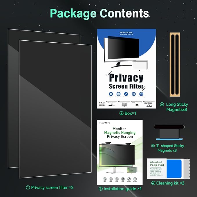 [2 Pack] Magnetic 22 Inch Computer Privacy Screen for 16:10 Aspect Ratio Widescreen Monitor, Hanging Eye Protection Anti Glare Blue Light Computer Monitor Privacy Filter, Removable 22in Protector Film