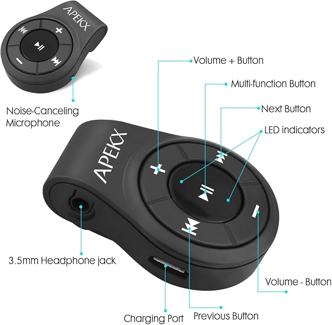 APEKX Clip Bluetooth Audio Adapter for Headphones, Headset, Speaker, Wireless Receiver with MIC for Hands-Released Call and Music