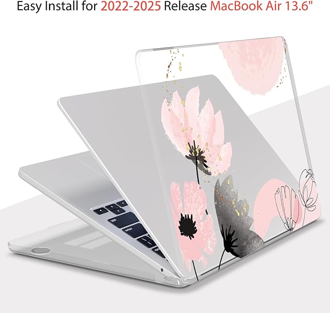 Teryeefi Compatible with MacBook Air 13 inch Case 2025 2024 2023 2022 M4 A3240/M3 M2 A3113/A2681,Hard Shell Case for MacBook Air 13.6 inch + Keyboard Cover + Type C Adapter, Abstract Pink Flowers-098