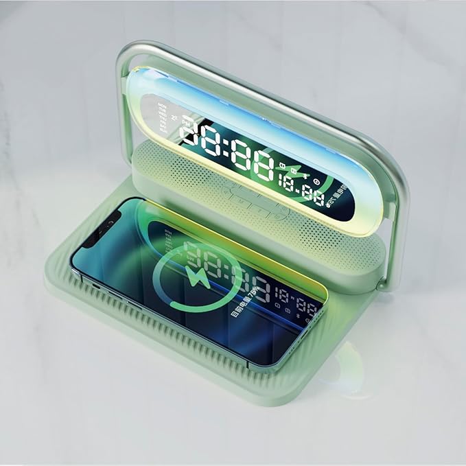 4-in-1 Multifunction Mobile Wireless Charger with Colorful Night Lights, Bluetooth Speaker, Digital Clock Alarm ; M11