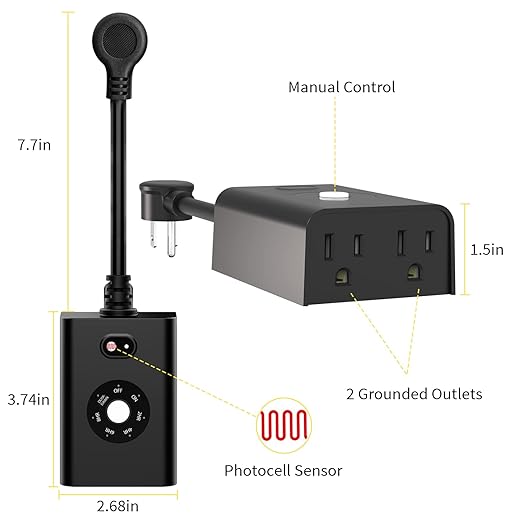Minoston Outdoor Timer Outlet Waterproof 2 Pack, Dusk to Dawn Photocell Light Sensor Socket, 2/4/6/8 Hours Cutdown Timer, 2 Grounded Outlets for Christmas and Hallowen Deceration, Black(MP40T)