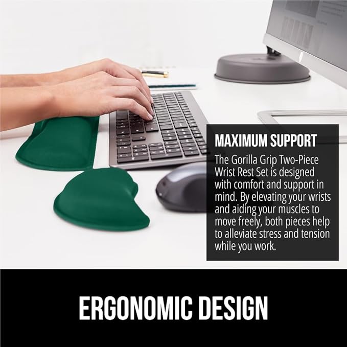 GORILLA GRIP Silky Gel Memory Foam Wrist Rest for Computer Keyboard, Mouse, Ergonomic Design for Typing Pain Relief, Desk Pads Support Hand, Arm, Mousepad Rests, Stain Resistant, 2 Piece, Hunter Green