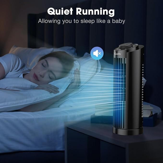 Grelife 13" Electronic Tower Fan with Remote Control, 3 Speed & 3 Modes, 90° Oscillation, LED Display, 7.5H Timer, Quiet Bladeless Cooling – Portable Space-Saving for Bedroom Office, Home
