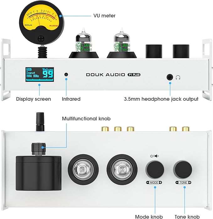 Douk Audio 2 Channel Bluetooth Vacuum Tube Preamp, Hi-Fi Headphone Amp, USB DAC PC Sound Card, Wireless Receiver Audio Preamplifier with VU Meter, Optical, Coaxial, APTX, LDAC, DSD256, Remote Control