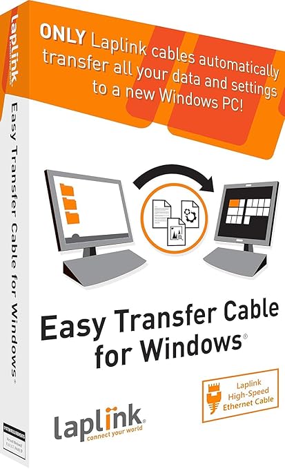 LAPLINK Easy Transfer Cable, Includes PCmover Express Data Transfer Software and High Speed Ethernet Cable, Single Use License, Only Transfers Files and Settings. Compatible with Windows 11