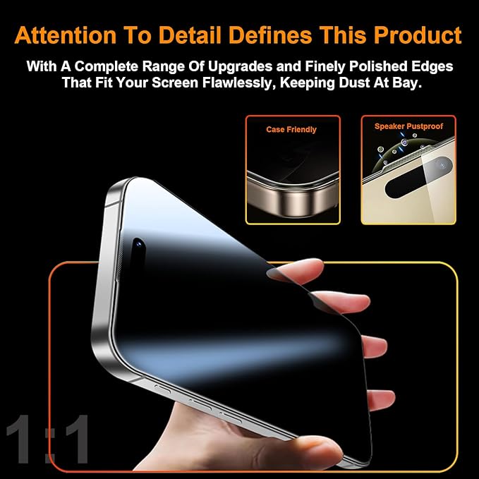 OneFish 2 Pack Privacy Screen Protector for iPhone 16 Pro - 4-Way 360° Anti-Spy Tempered Glass, 9H Hardness, 3D Curved Edges, Case-Friendly & Easy Installation