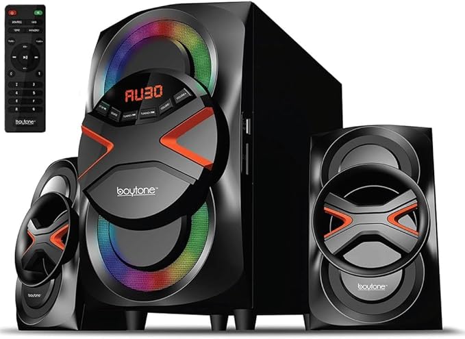 Boytone BT-326F, 2.1 Bluetooth Powerful Home Theater Speaker System, with FM Radio, SD USB Ports, Digital Playback, 40 Watts, Disco Lights, Full Function Remote Control, for Smartphone, Tablet., Black