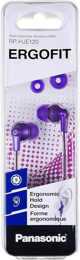 Panasonic ErgoFit Wired Earbuds, 3.5mm Jack in-Ear Headphones with Dynamic Crystal-Clear Sound and Soft Ergonomic Custom-Fit Earpieces (S/M/L), for Phones and Laptops - RP-HJE120-VA (Metallic Purple)