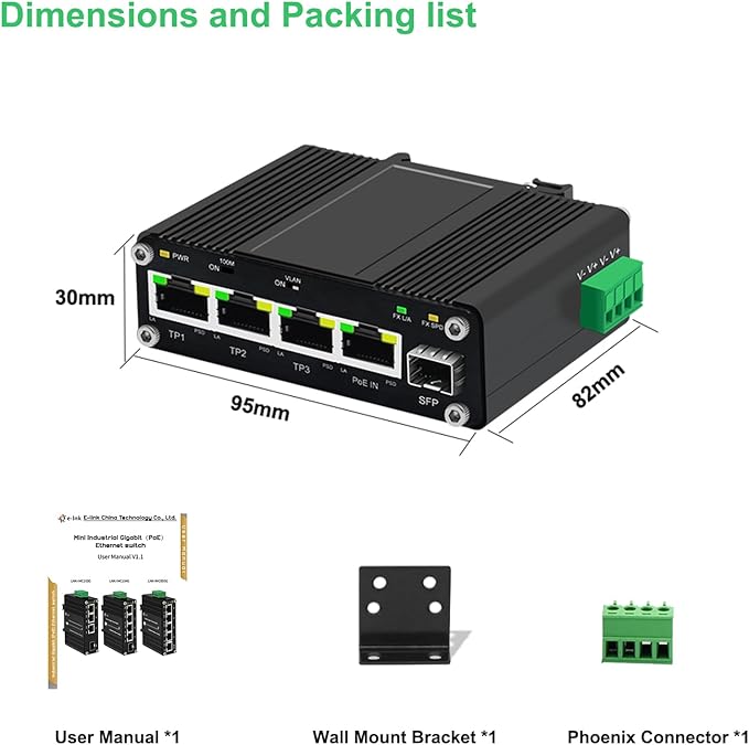 Mini Industrial 4 Port 10/100/1000Mbps Gigabit Ethernet Switch with SFP Port IEEE 802.3at/bt PoE Power Support PoE Splitter Function Din Rail/Wall-Mount VLAN