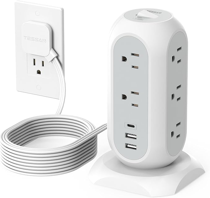 Surge Protector Power Strip Tower 10 Ft, TESSAN Flat Plug Extension Cord with 11 AC Multiple Outlets 3 USB Ports (1 USB C), 1050J Desk Charging Station for Home, Office Supplies, Dorm Room Essentials
