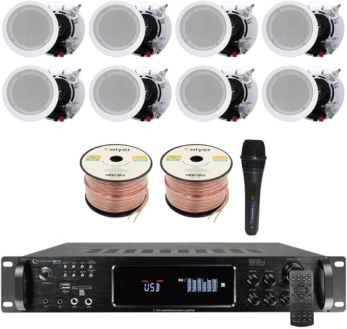 Vaiyer Home Stereo System Kit - 7.2 Channel 4500 Watts Bluetooth Amplifier with 8 Qty of 6.5" Ceiling Speakers 200W Each, Mic, 16 AWG 500 ft. Speaker Wire & Remote for Home, Bar, Office, Restaurant