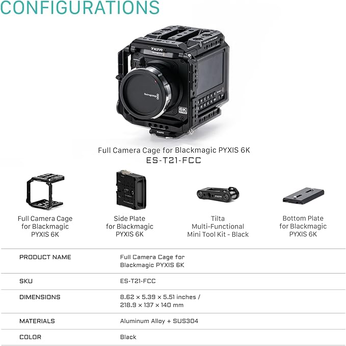 Tilta Camera Cage Compatible with Blackmagic Pyxis 6K/ Pyxis 12K- Includes Full Cage, Quick Release Bottom Plate, and Mini Tool | ES-T21-FCC