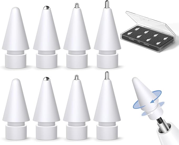 Inesore 8 Pack for Apple Pencil Tips Replacement Accessories,Compatible with Apple Pencil Pro/2nd Generation/1st Generation/USB C,iPencil Nib for iPad Pro/Air/Mini,for Drawing Writing(White Metal Nib)