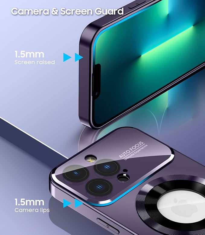 Magnetic for iPhone 13 Pro Case, Built-in Camera Lens Protector, Compatible with MagSafe, Logo View, Military Grade Protective Phone Cover, Purple