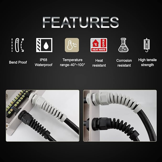 LeMotech 10Pcs NPT 1/4" IP68 Waterproof Cable Gland Flex Spiral Strain Relief Black Nylon Joint with Gaskets for 4-8mm Wire Thread