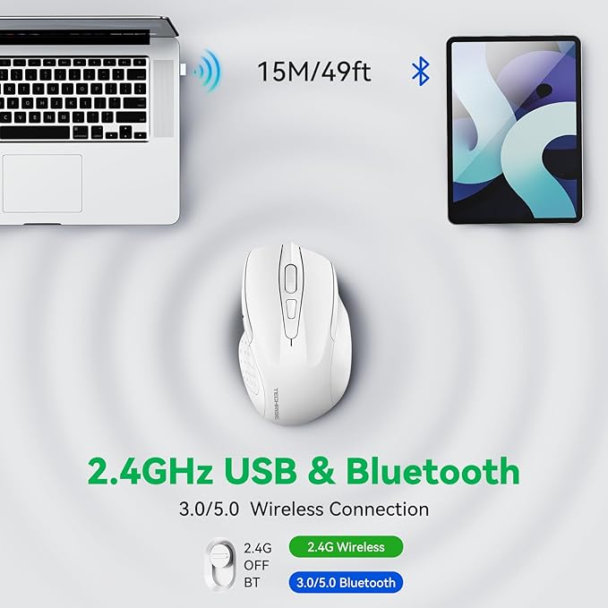 Bluetooth Mouse (BT5.0/3.0 & 2.4G) Rechargeable Wireless Mouse 2.4GHz with USB A Receiver, 4800 DPI Optical Tracking, 6 Adjustable DPI, Quiet Clicks, 6 Buttons, Wide Compatibility - White