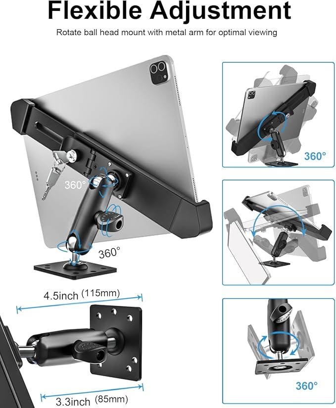 woleyi Anti Theft Heavy Duty Drill Base Tablet Holder Car Mount Dashboard for Truck/Vehicle with Security Lock and Key, Compatible with iPad Pro/Air/Mini, Galaxy Tabs, More 7-11" Tablets