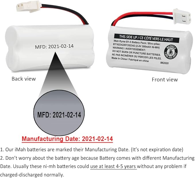 iMah BT162342/BT262342 2.4V 300mAh Ni-MH Cordless Phone Battery Pack, Also Compatible with BT183342/BT283342 AT&T EL52351 TL90070 VTech CS5119 DS6511 DS6722 LS6305 Handset, 2-Pack