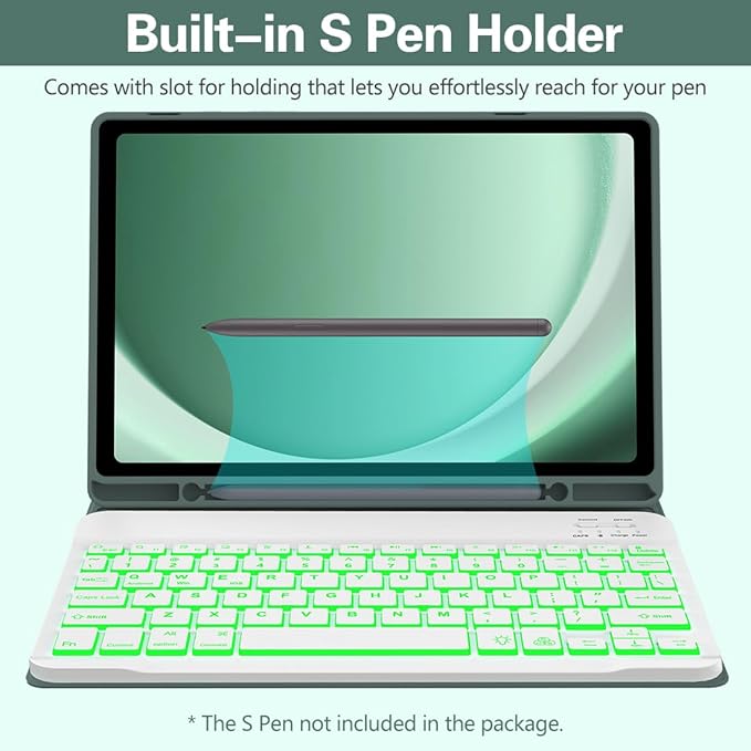 Keyboard Case for Samsung Galaxy Tab A9 Plus 5G 11 inch 2023 (SM-X210/X216/X218), 7 Color Backlit Detachable Keyboard Bluetooth, Smart Folio Cover with S Pen Holder for Galaxy Tab A9+ 11"(Dark Green)