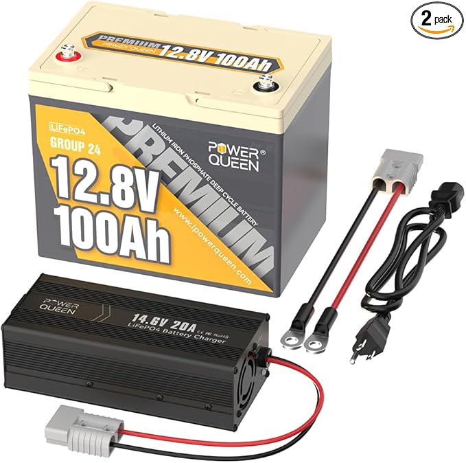 Power Queen 12V 100Ah Group 24 LiFePO4 Lithium Battery with 12V20A Charger, Deep Cycle Battery 100A BMS, Max 1280Wh Energy, Up to 15000 Cycles for RV, Solar, Trolling Motor & Camping