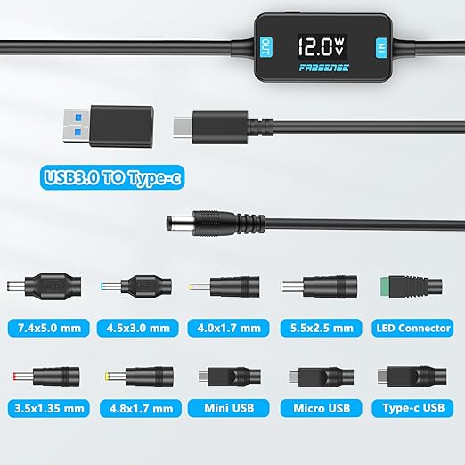 FARSENSE USB C to DC Adapter,Barrel PD Trigger Cable(3.3ft) with 10 Connector Tips,USB to DC Power Cable can Switch Voltage by Pressing The Key,Support LED Display Voltage