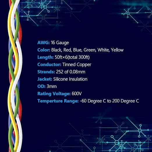 Fermerry 16 AWG Stranded Wire Spool 50ft Each 6 Colors Flexible 16 Gauge Silicone Hook up Wire Kit Electrical Tinned Copper Wire