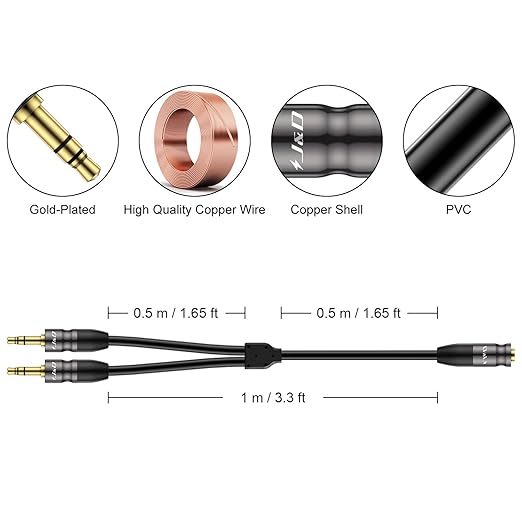 J&D 3.5 mm to 2X 3.5 mm Cable, Gold Plated Joint Copper Shell Heavy Duty 3.5mm 1/8 inch TRS Female to Dual 3.5 mm 1/8 inch TRS Male Y-Splitter Stereo Audio Adapter Cable, 3.3 Feet