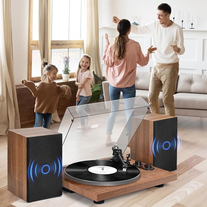 Record Player Turntable with 40W Speakers and Bluetooth Output Input for Vinyl Records,Vinyl Record Player with Built-in Preamp,AT-3600L Cartridge,USB Record,Pitch and Counterweight