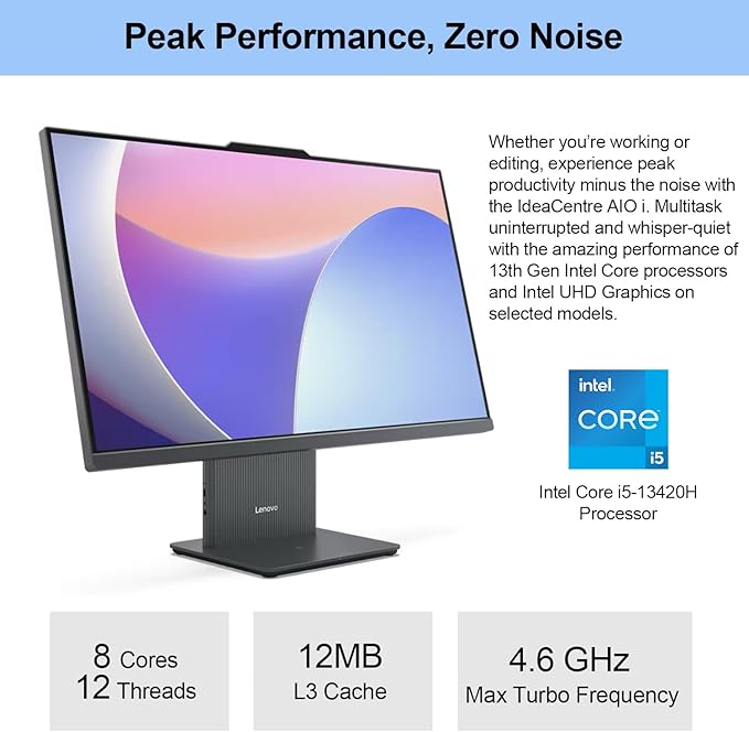 Lenovo 2024 IdeaCentre I Business All-in-One, 27" FHD Touchscreen 100Hz, Intel Core i5-13420H, 32GB DDR5 RAM, 1TB SSD, Wireless Charging Base, Wireless KB & Mouse, Wi-Fi 6, Windows 11 Pro, Grey