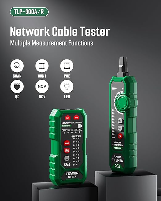 TESMEN TLP-900AR Network Cable Tester, RJ11 RJ45, for CAT5/6/POE/STP, Multi-function Cable Tracer with Pairing, Continuity, QC&NCV, Suitable for Ethernet, Telephone, Wire maintenance and sorting-Green