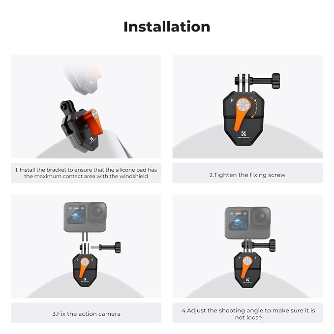 K&F Concept Motorcycle Windshield Clip Mount for GoPro Hero 13/12/11/10/9 Black, Aluminum Alloy Camera Clamp with 1/4” Adapter for DJI Osmo Action 3/4/5 Pro Insta360 X5/X4, Action Camera Accessories