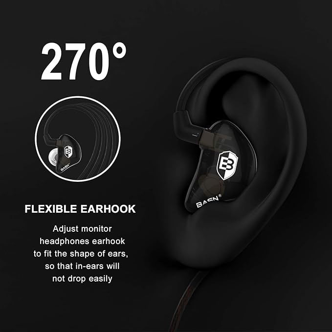 BASN Bsinger PRO in-Ear Monitors Hybrid Dynamic Dual Drivers Two Detachable MMCX Cables Musicians in-Ear Earbuds Headphones (Black)