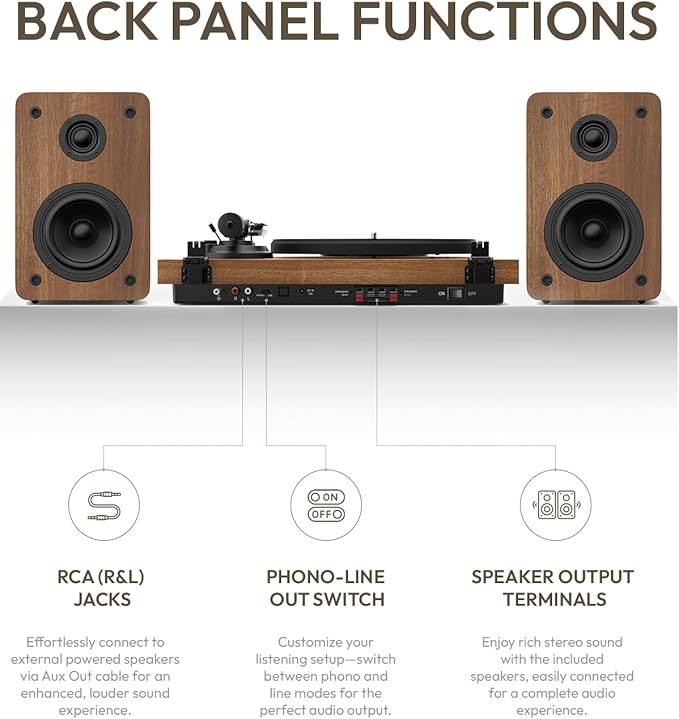 SoulBox S1 Vinyl Record Player with Stereo Speakers, Turntable with Built-in Preamp, S-Shaped Tonearm, 33/45 RPM - Walnut