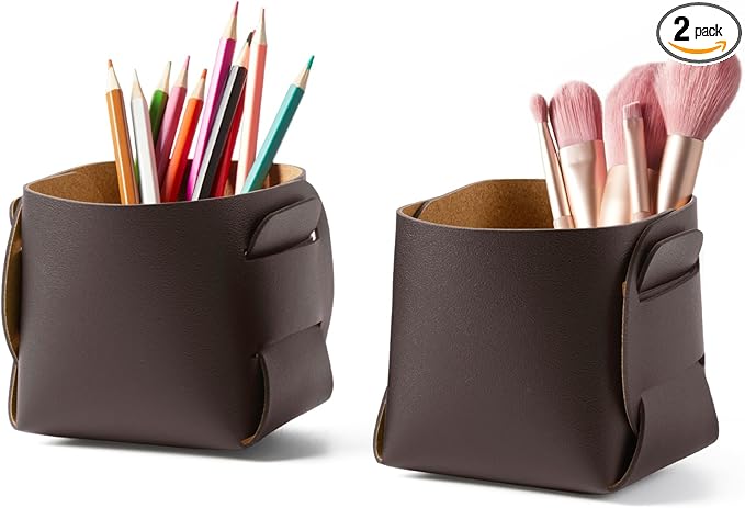 HOMIEAZICOZI 2-Pack Cork Leather Desk Accessories Storage - Pencil Pen Holder - Makeup Brush Holder Organizer - Stylish Addition to Home Decor (Coffee)