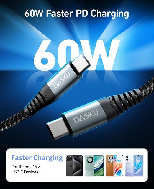 Dasku USB C to USB C Charging Cable (Type C to C, Black, 3FT+3FT+3FT)