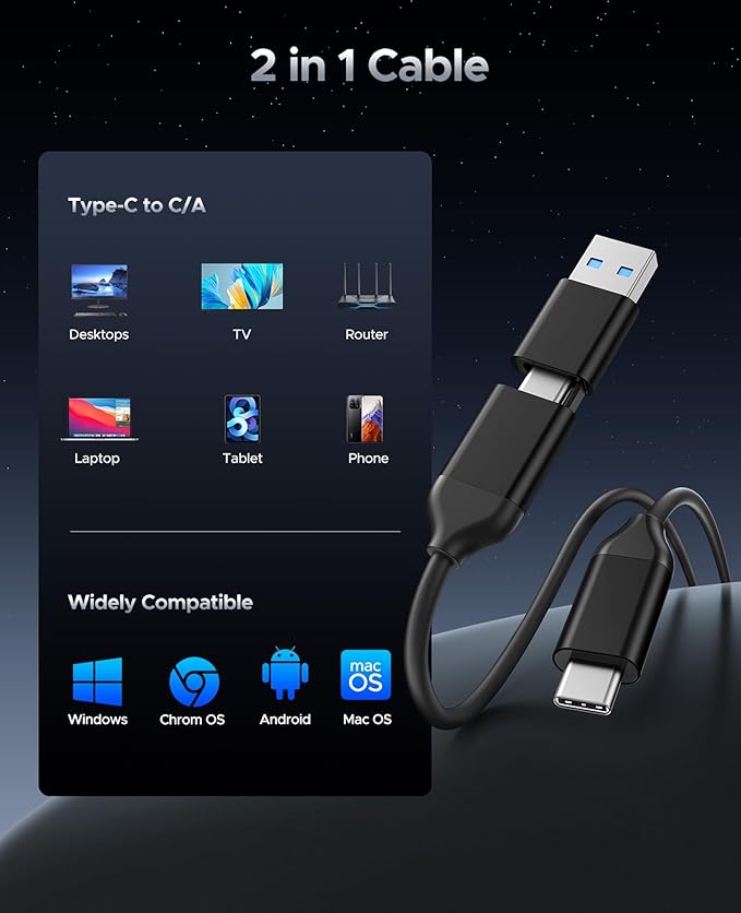 ORICO 2TB Portable SSD, Up to 460MB/s Speed External Solid State Drive, Hanging Hook Design, Plug & Play, USB-C & A 2-in-1 Cable, Portable Storage for Type-C Smartphones, Tablets, Laptops - C5C5