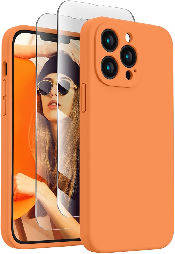 FireNova Designed for iPhone 13 Pro Max Case, Silicone [Camera Protection] Phone Case with [2 Screen Protectors], Soft Anti-Scratch Microfiber Lining Inside, 6.7 inch, Kumquat