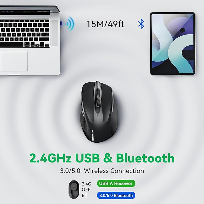Bluetooth Mouse (BT5.0/3.0 & 2.4G) Rechargeable Wireless Mouse, 4800 DPI Optical Tracking, 6 Adjustable DPI, 2.4GHz with USB A Receiver, Quiet Clicks, Ergonomic Grips, 6 Buttons - Black