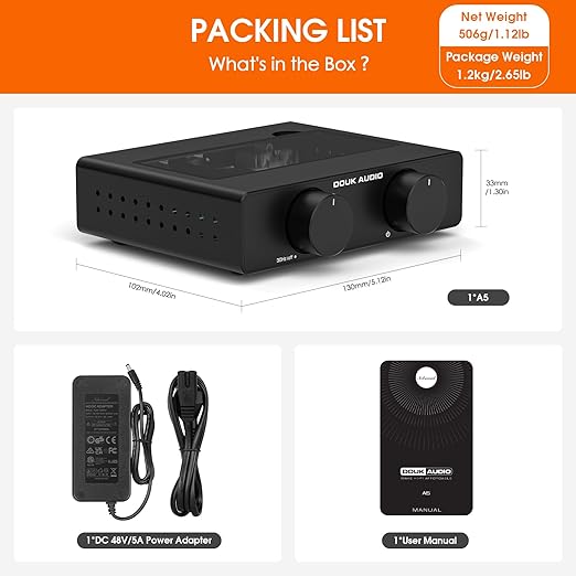 Douk Audio A5 2 Channel TPA3255 Stereo Amp, 300 Watts x2 Mini Hi-Fi Audio Power Amplifier Class D for Home Theater System, Passive Bookshelf Tower Speakers with High-Pass Filter + 48V Power Supply