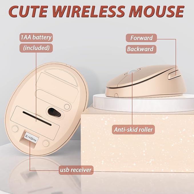 Wireless Keyboard and Mouse, KOOTOP Cute Keyboard and Mouse, 2.4G Wireless Keyboard with Retro Round Keycap for PC, Mac, Laptop,Computer Windows (Milk Tea)