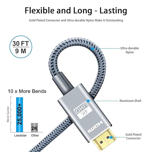 LEADSTAR HDMI Cable 4K 30 ft / 9m, High Speed HDMI 2.0 Cord Braided | 4K@60Hz, Ultra HD, 2160p, ARC, HDR, 3D, HDCP 2.2 | for Xbox, PS5, TV, Laptop, Monitor