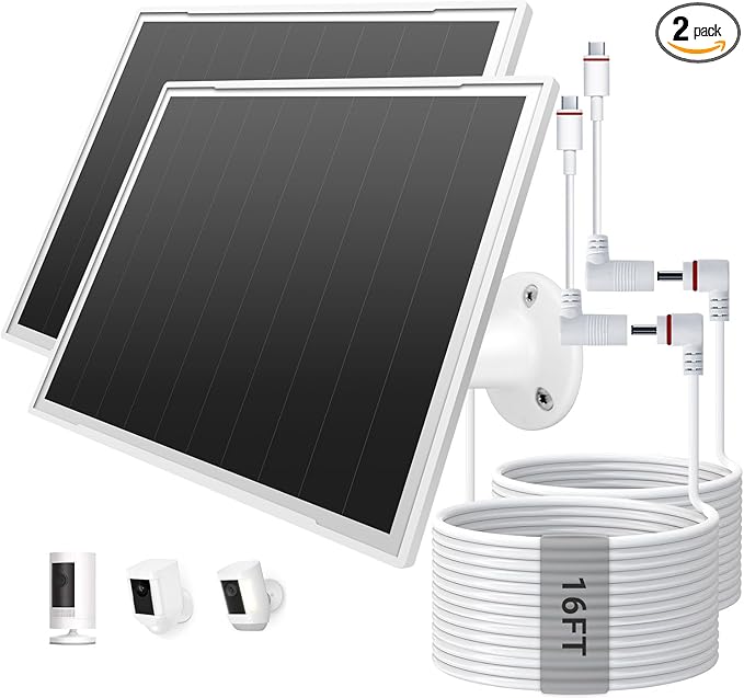 2-Pack Solar Panel Charger for Ring Camera, 8W High-Efficiency - Compatible with Ring Spotlight & Stick Up Cam Pro/Plus, 16ft Long Cable, 3.5mm to USB-C Adapter, IP65 Waterproof, White
