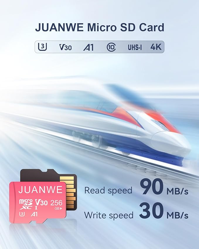 JUANWE 256GB Micro SD Card 4K V30 + Adapter 256GB microSDXC UHS-I SD Card C10 U3 A1 Memory Card for Nintendo-Switch, Pink