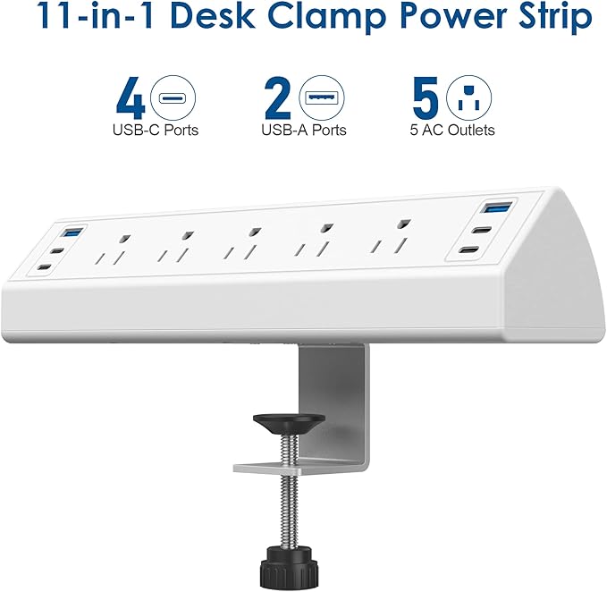 Desk Clamp Power Strip USB C,Under Desk Mount Power Station,20W Fast Charging,Fits 1.9'' Tabletop Edge,Desk Surge Protector,Perfect Home,Office Supplies (White, 5 Outlets & 6 USB Ports & 25 FT Cable)