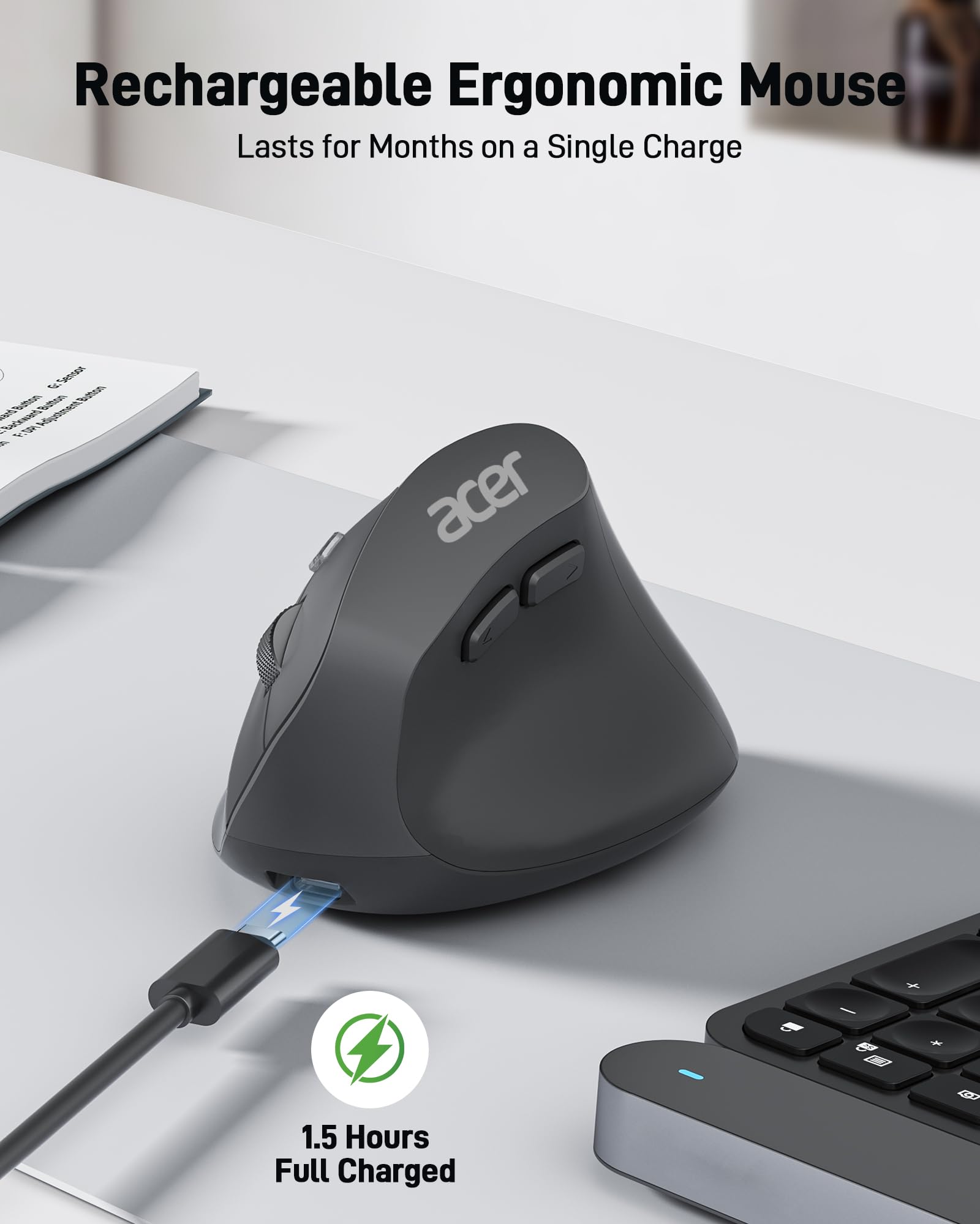 Acer Ergonomic Mouse Wireless, Adjustable DPI Vertical Mouse 1000/1200/1600 with 6 Buttons, Rechargeable Ergo Mice, Medium to Large Sized Hands, 2.4GHz USB Receiver for Computer, Laptop, PC