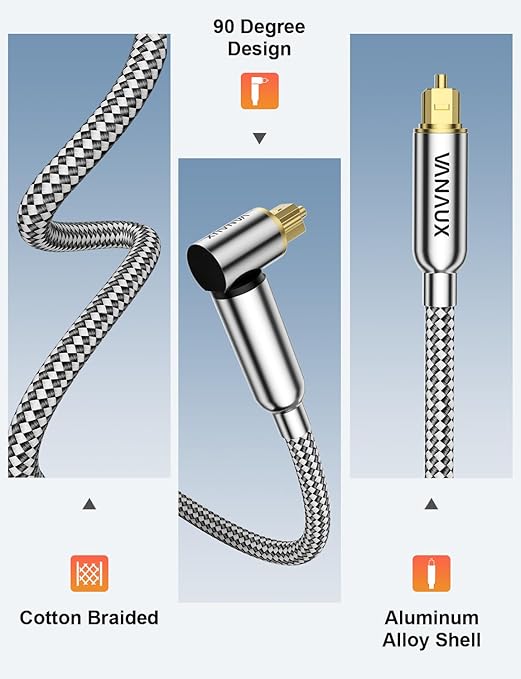 VANAUX 90-Degree Optical Audio Cable 6FT,Premium Fiber Optic Toslink Cable(24K Gold-Plated Connectors,Aluminum Alloy Shell,Braided Jacket)Ideal for Tight Spaces,Home Theater,Soundbars,Gaming Consoles