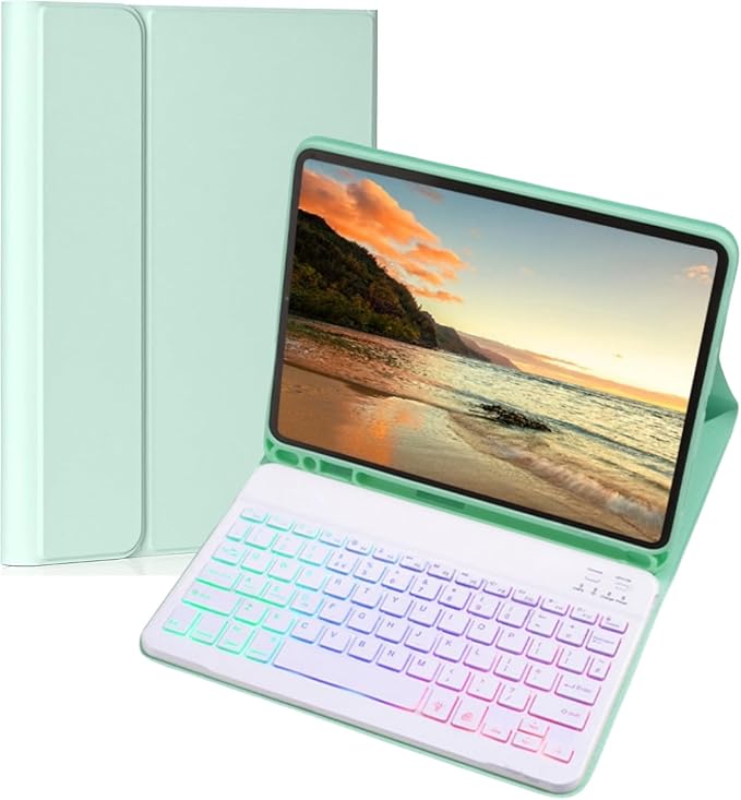 Keyboard Case for Galaxy Tab S6 Lite 10.4 Inch 2024/2022/2020, Slim Lightweight 7 Color Rainbow Backlight Detachable Magnetic Bluetooth Keyboard Cover with S Pen Holder,Mint Green