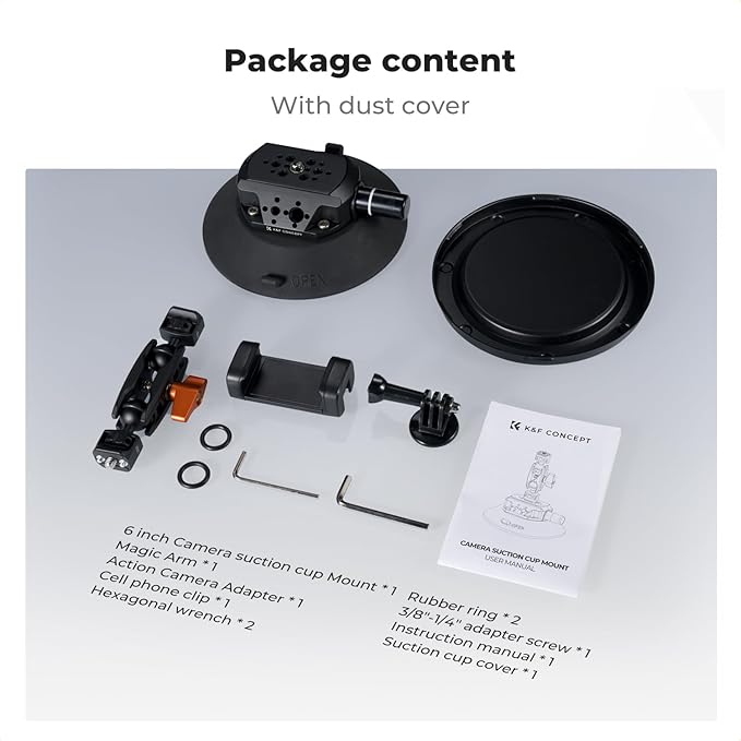 K&F Concept 6" Suction Cup Camera Mount with Magic Arm, ARRI Style 1/4" 3/8" Threads, Quick Release Car Mount for DSLRs Action Camera Phone Video Shooting Compatible with Hero 13 12 DJI Insta360